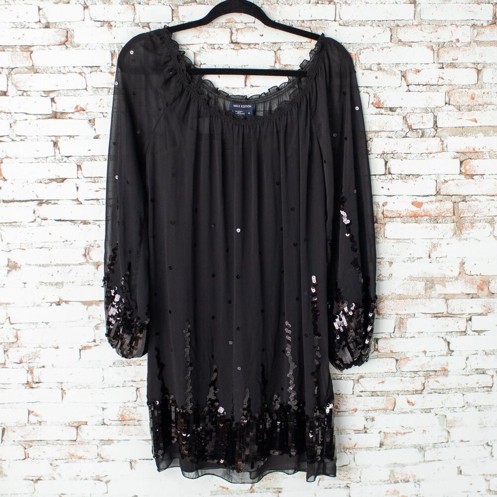 Max Edition Black Sequin Shift Dress Women’s Small Sheer Long Sleeve Cocktail